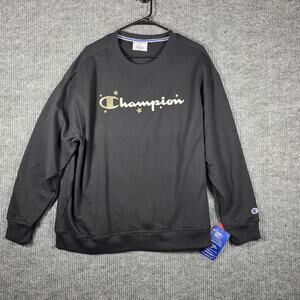 Champion Womens 2X Black Powerblend Sweatshirt Gold Logo Stars NWT